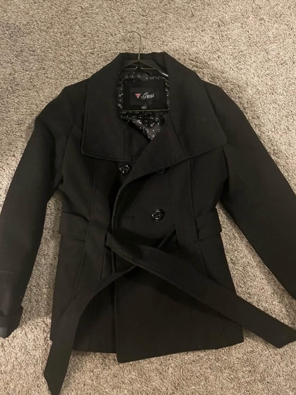 Guess Men's Black Double-Breasted Peacoat with Belt